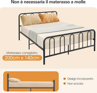 Telaio da Letto in Metallo, Struttura Letto con Testiera e Pediera, Letto a Piattaforma con Doghe in Acciaio, Carico Massimo 300kg, Nero (200cm x 160cm)