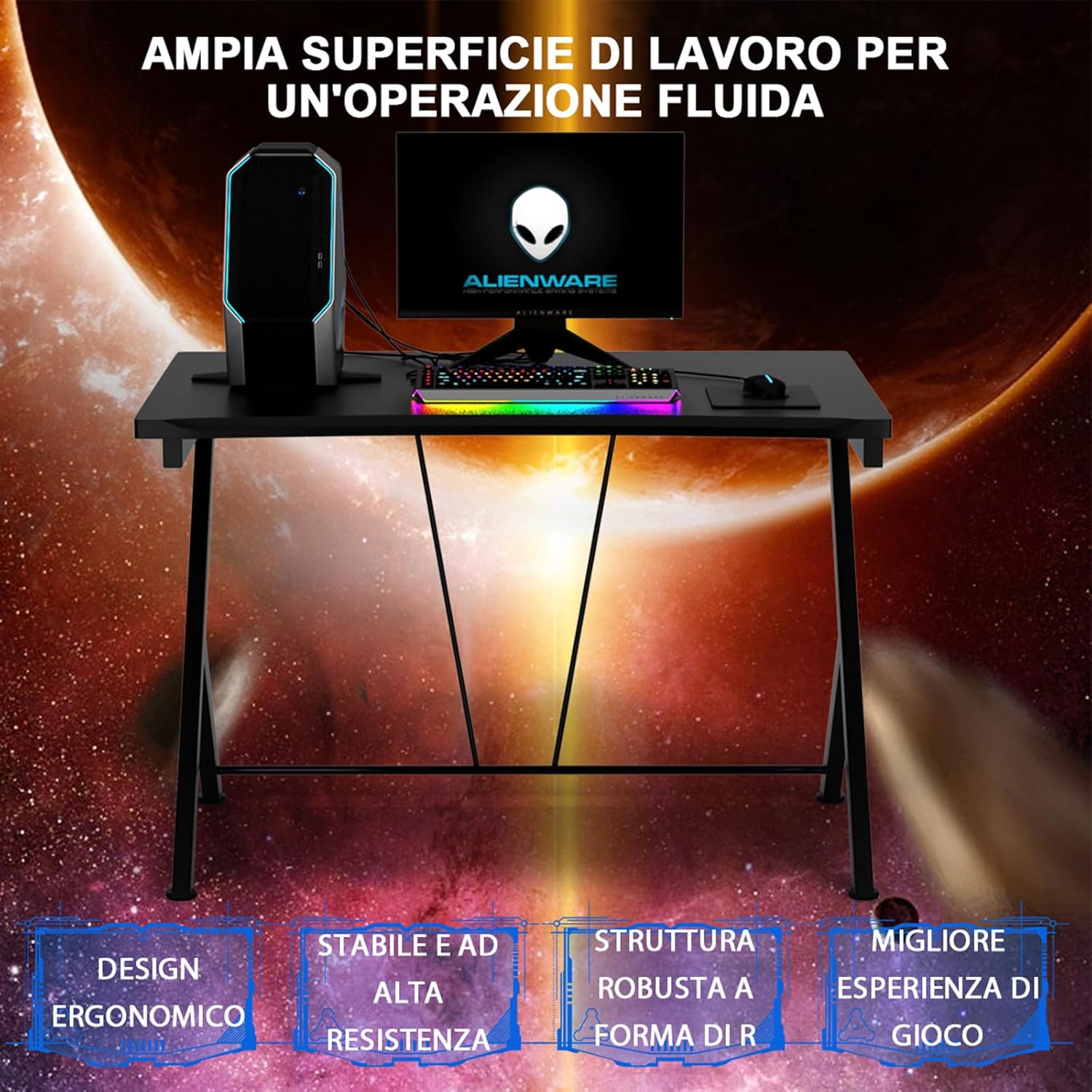 Scrivania Gaming Ergonomica da 116 CM, Scrivania Multiuso per Computer con Struttura Robusta in Metallo, Postazione PC per Gaming Studio Lavoro, 116 x 75 x 77 cm (L x P x A) Nero