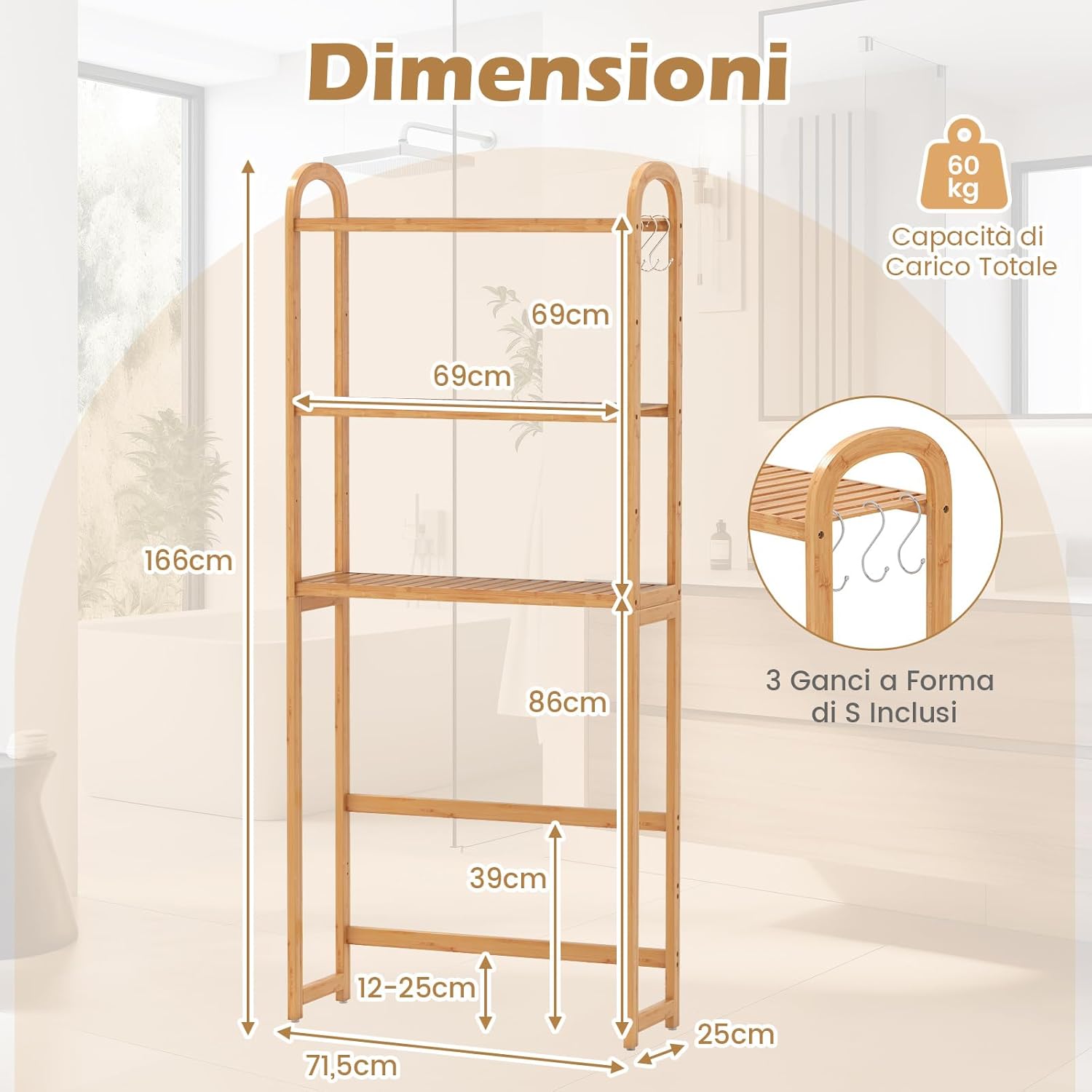 Scaffale Bagno Salvaspazio 71,5 x 25 x 166 cm, Mobile Sopra Lavatrice in Bambù a 3 Livelli con Ripiani a 5 Posizioni, 3 Ganci e Barra Inferiore, Porta Piante da Interno e Esterno