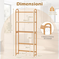 Scaffale Bagno Salvaspazio 71,5 x 25 x 166 cm, Mobile Sopra Lavatrice in Bambù a 3 Livelli con Ripiani a 5 Posizioni, 3 Ganci e Barra Inferiore, Porta Piante da Interno e Esterno