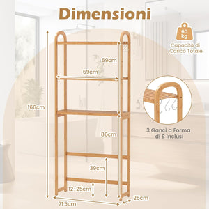 Scaffale Bagno Salvaspazio 71,5 x 25 x 166 cm, Mobile Sopra Lavatrice in Bambù a 3 Livelli con Ripiani a 5 Posizioni, 3 Ganci e Barra Inferiore, Porta Piante da Interno e Esterno