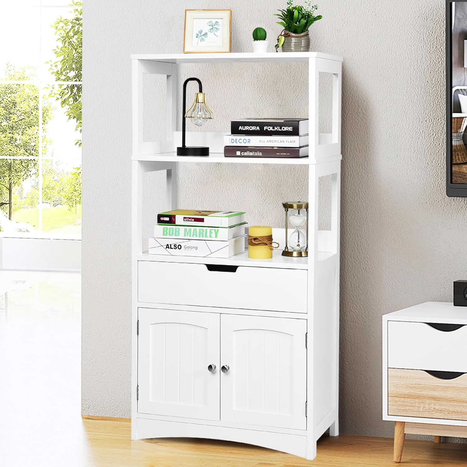 Armadietto del bagno con cassetto e mensola, armadio con 2 mensole aperte e 2 ante, armadietto per cucina, ingresso, salone e camera da letto, armadietto in legno (Bianco)