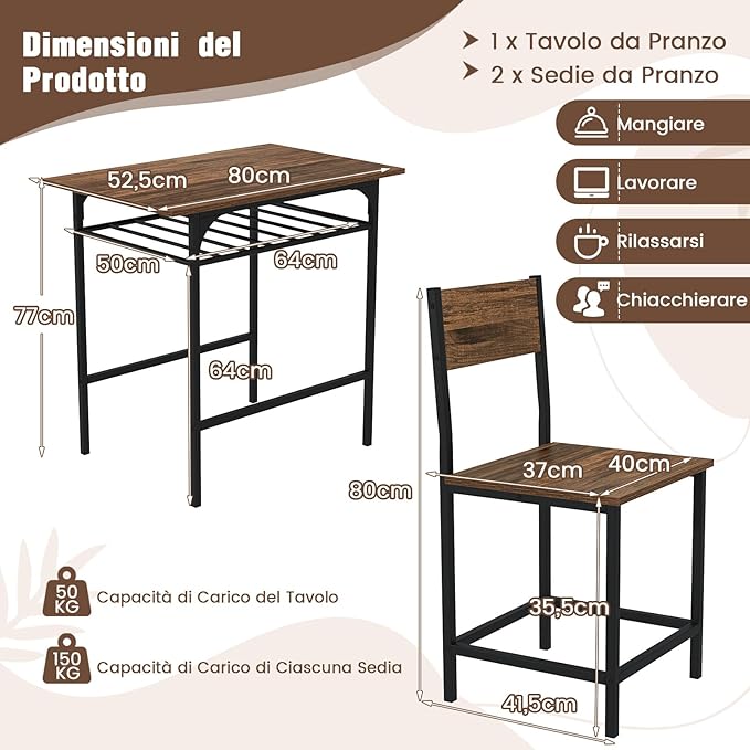 Set da Pranzo per 2 Persone, Set da 3 Pezzi di Tavolo Rettangolare in Legno e Sedie con Struttura in Metallo e Ripiano di Stoccaggio, per Angolo Colazione e Sala da Pranzo (Marrone)