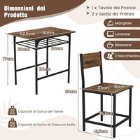 Set da Pranzo per 2 Persone, Set da 3 Pezzi di Tavolo Rettangolare in Legno e Sedie con Struttura in Metallo e Ripiano di Stoccaggio, per Angolo Colazione e Sala da Pranzo (Marrone)