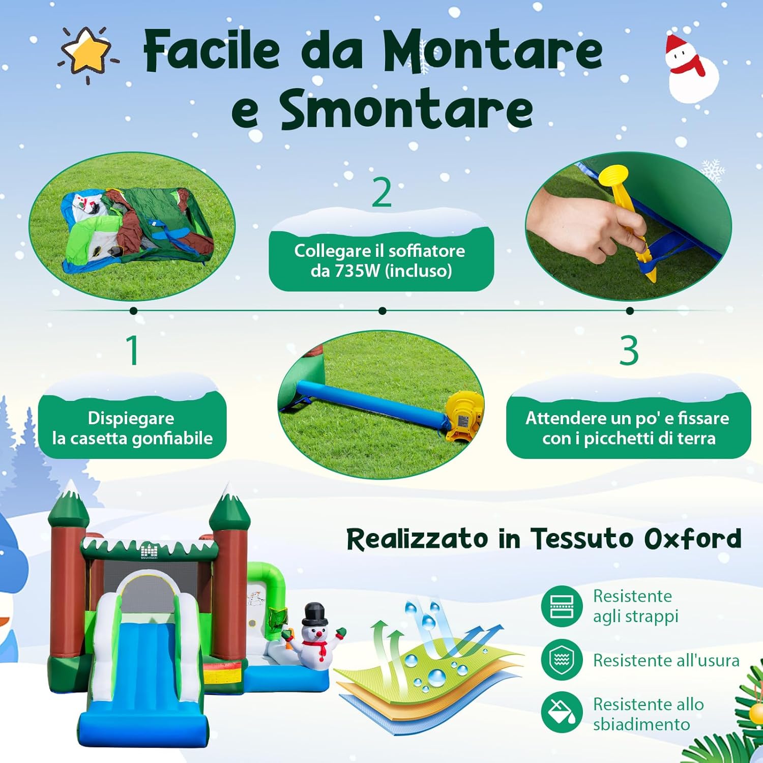 Castello Gonfiabile con Pupazzo di Neve, Gioco Gonfiabile per Bambini con Scivolo, Piscina di Palline, Basket, Gonfiabile con Pupazzo di Neve e Ventilatore da 735W, 380 x 340 x 245 cm