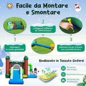 Castello Gonfiabile con Pupazzo di Neve, Gioco Gonfiabile per Bambini con Scivolo, Piscina di Palline, Basket, Gonfiabile con Pupazzo di Neve e Ventilatore da 735W, 380 x 340 x 245 cm