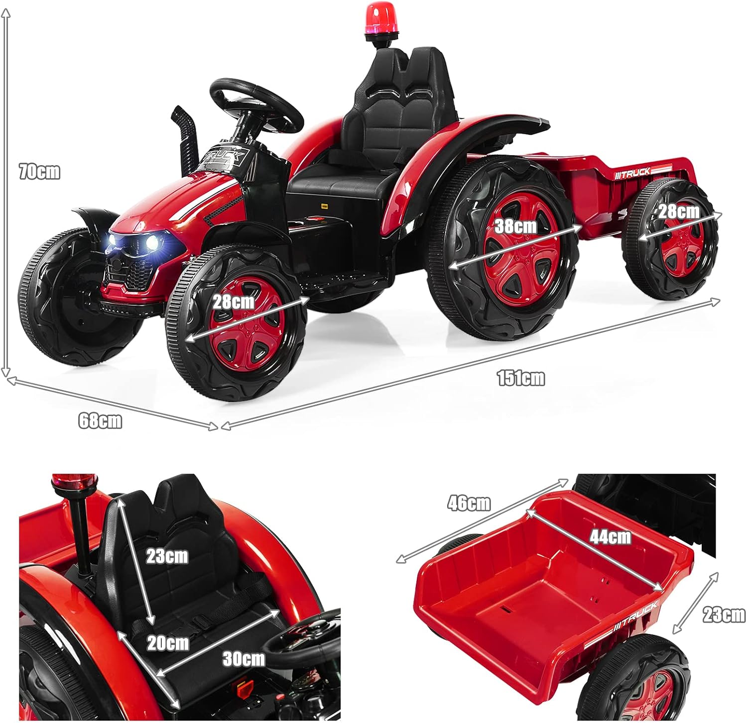 Trattore Elettrico per Bambini con Rimorchio, 2 in 1 Go Kart e Trattore per Bambini 3-8 Anni, con Telecomando e Cintura di Sicurezza a 2 Punti (Rosso)