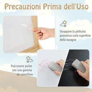 3 in 1 Cavalletto per Bambini con Doppia Faccia, Cavalletto per Disegno con 2 Vassoi e 2 Scatole, Lavagna Bambini in Legno (Naturale)