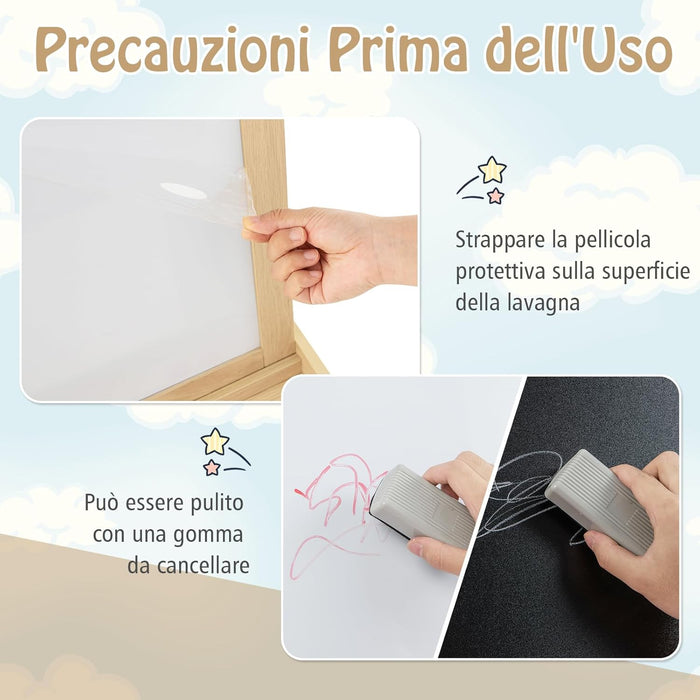 3 in 1 Cavalletto per Bambini con Doppia Faccia, Cavalletto per Disegno con 2 Vassoi e 2 Scatole, Lavagna Bambini in Legno (Naturale)