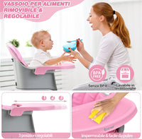 Seggiolone Pappa per Bambini 6 in 1, Seggiolone per Neonati Convertibile, Tavolo per Costruzioni per Bambini, con Imbracatura a 5 Punti, per Bambini da 6 Mesi fino 3 Anni (Rosa)