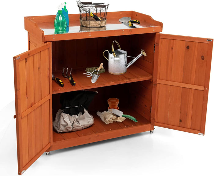 Armadio da Esterno in Legno, Casetta da Giardino con Ripiano Rimovibile e 4 Ruote Universali, Capanno Porta Attrezzi da Esterno e da Interno, 98,5 x 48 x 100 cm