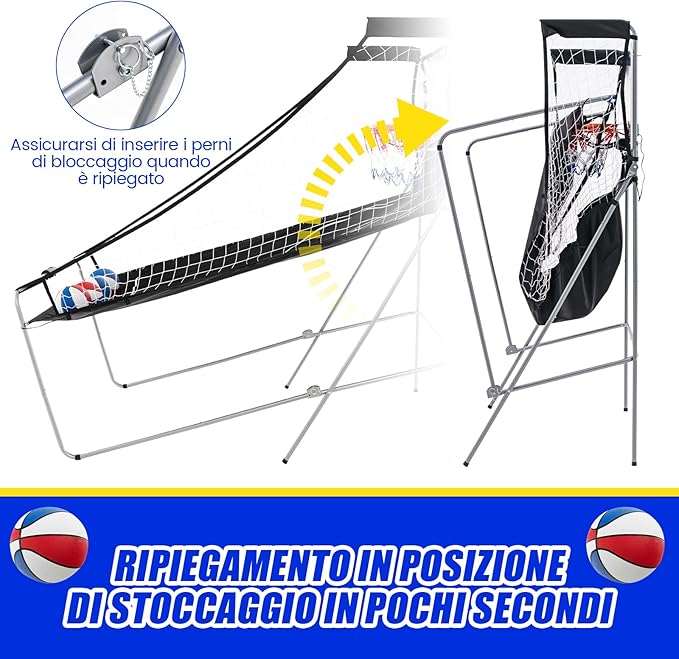 Macchina da Pallacanestro Elettronica Pieghevole, Gioco Arcade da Basket a Doppio Tiro per Casa con 8 Modalità di Gioco, Suono Arcade, Punteggio Elettronico, 4 Palloni e Pompa (Blu e rosso)