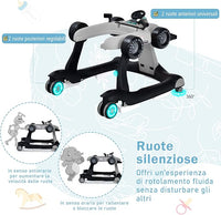 Girello per Bambini 4 in 1, Girello Pieghevole con Altezza e Velocità Regolabili, Carillon con Luci, Volante, Primi Passi per Bambini 6-18 Mesi, Portata 15 kg (Grigio)