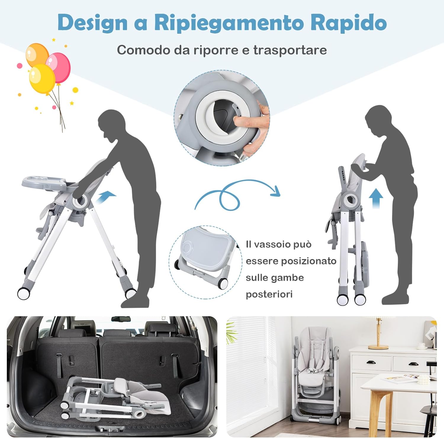 Seggiolone Pappa, Seggiolone Pieghevole con 4 Ruote, Seggiolone per Bambini con Altezza, Schienale e Poggiapiedi Regolabili, Vassoio Rimovibile, per Bambini 6-36 Mesi, Fino a 15 kg