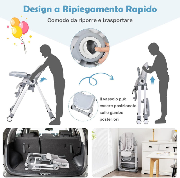 Seggiolone Pappa, Seggiolone Pieghevole con 4 Ruote, Seggiolone per Bambini con Altezza, Schienale e Poggiapiedi Regolabili, Vassoio Rimovibile, per Bambini 6-36 Mesi, Fino a 15 kg
