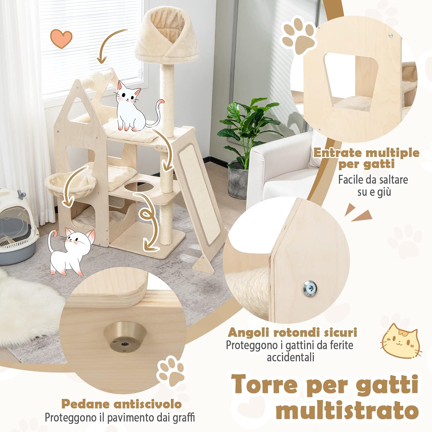 Tiragraffi per Gatti in Legno, Tiragraffi per Gatti con Cuccia, Piattaforma, 3 Cuscini Rimovibili e Lavabili e Tiragraffi, Albero Tiragraffi per Gatti Medi e Grandi, 111 x 42 x 155 cm