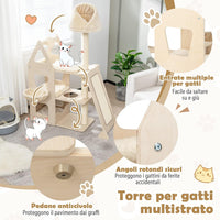 Tiragraffi per Gatti in Legno, Tiragraffi per Gatti con Cuccia, Piattaforma, 3 Cuscini Rimovibili e Lavabili e Tiragraffi, Albero Tiragraffi per Gatti Medi e Grandi, 111 x 42 x 155 cm