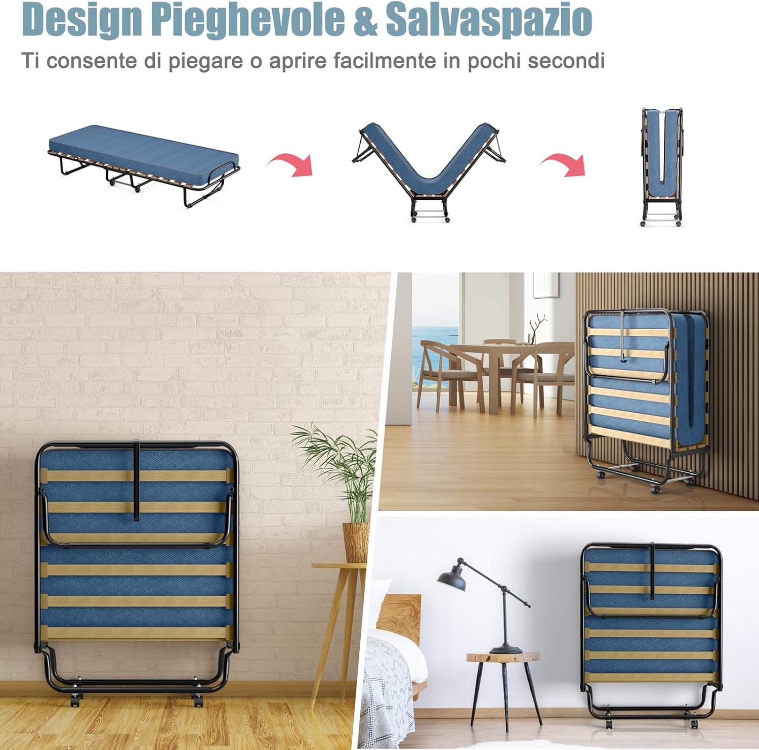Brandina Pieghevole con Ruote Girevoli, con Materasso in Memory Foam, Lettino Pieghevole a Doghe 190x80 cm, Salvaspazio, Carico Massimo 130 kg (Blu)
