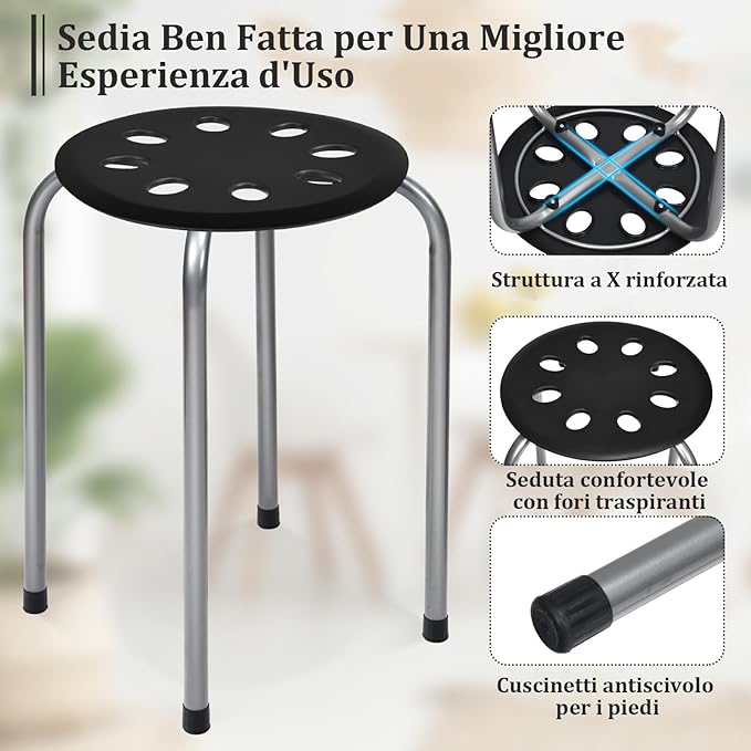 Set di 6 Sgabello Tondo Impilabile in Metallo, Sgabello Cucina Basso per Bambini Adulti, Sgabelli da Bar Casa Ufficio Aule, 30 x 30 x 44,5 cm (Nero + Grigio)