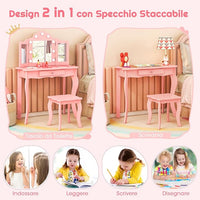Toeletta Trucco 2 in 1 per Bambina, Specchiera Staccabile per Ragazza in Legno con Sgabello, Cassetto, Ripiani e Giocattoli, Postazione Trucco per 3 Anni, 70 x 34 x 103 cm (Rosa)