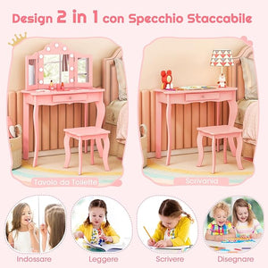 Toeletta Trucco 2 in 1 per Bambina, Specchiera Staccabile per Ragazza in Legno con Sgabello, Cassetto, Ripiani e Giocattoli, Postazione Trucco per 3 Anni, 70 x 34 x 103 cm (Rosa)
