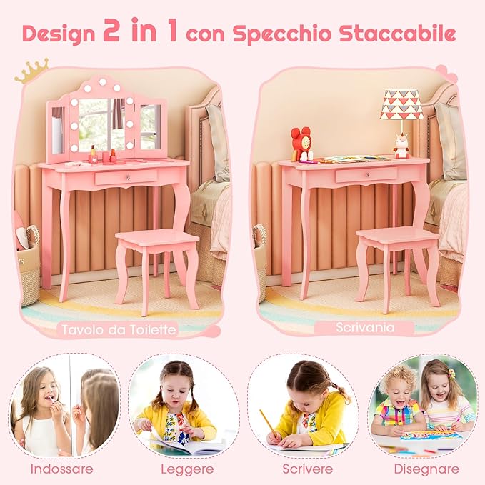 Toeletta Trucco 2 in 1 per Bambina, Specchiera Staccabile per Ragazza in Legno con Sgabello, Cassetto, Ripiani e Giocattoli, Postazione Trucco per 3 Anni, 70 x 34 x 103 cm (Rosa)