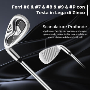 Set Completo di Mazze da Golf per Mancini da Uomo, Borsa Portatile con Supporto e Cappuccio Antipioggia, Include Driver 1 da 460CC, Fairway 3, Ibrido 4, Ferri 6, 7, 8, 9, P e Putter (Nero)