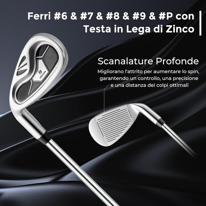 Set Completo di Mazze da Golf per Mancini da Uomo, Borsa Portatile con Supporto e Cappuccio Antipioggia, Include Driver 1 da 460CC, Fairway 3, Ibrido 4, Ferri 6, 7, 8, 9, P e Putter (Nero)