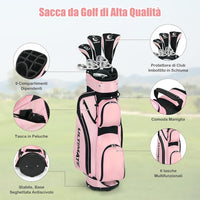 Set di Mazze da Golf per Donne, Include Driver in Lega di Alluminio, Legno da Fairway 3, Ibrido 4, Ferri 6, 7, 8 e 9, Putter, Sacca da Golf con Cinghie, Rosa, 24 x 24 x 115,5 cm