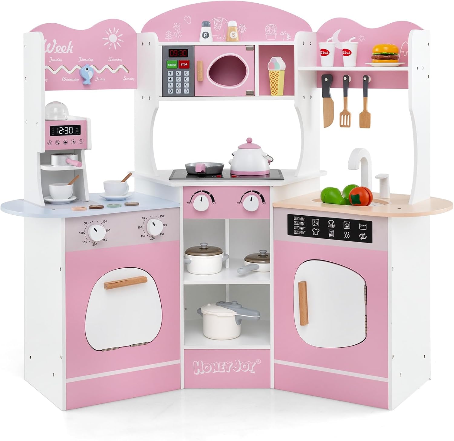Cucina Giocattolo Angolare con Fornelli e Micronde da Suoni e Luci, Cucina per Bambini in Legno con Macchina Caffè, Lavandelo, Forno e Lavatrice, Set Cucina con Accessori (Rosa)