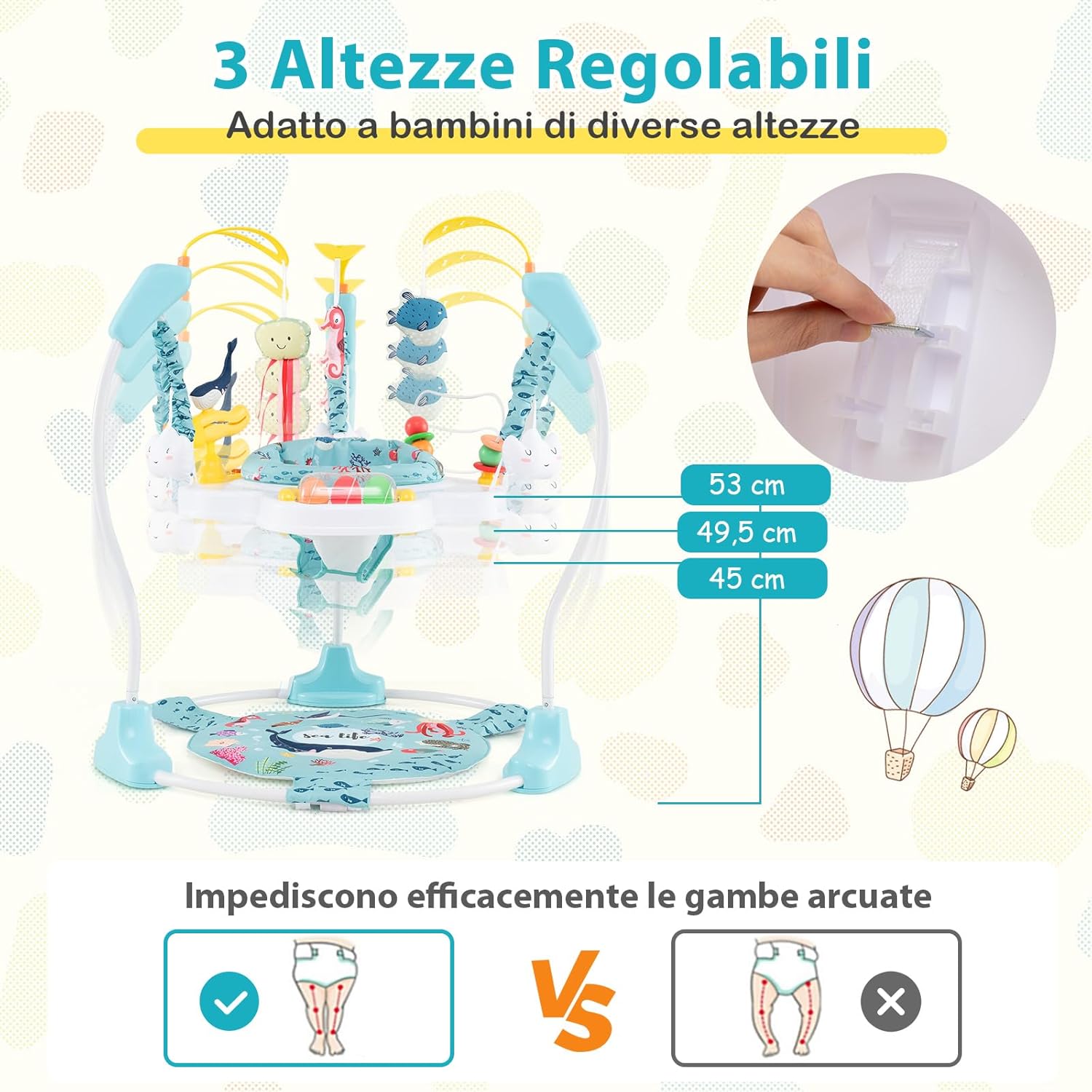 Jumperoo per Bambini, Centro attività Saltella con Altezza Regolabile, Gioco Saltellante con Sedile Girevole a 360°, Saltarello per Neonati con Luci e Suoni per Bambini 6+ Mesi (Azzurro)
