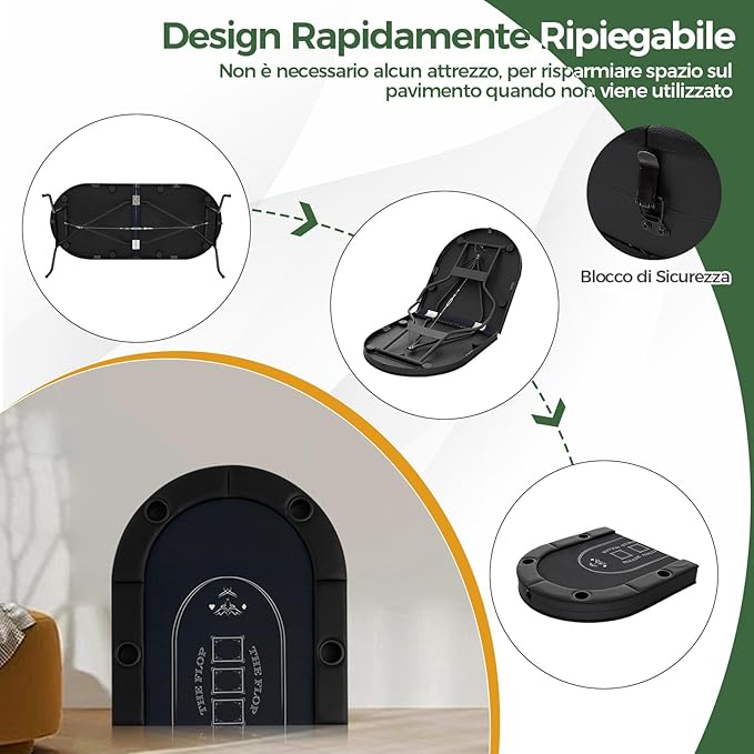 Tavolo da Poker Pieghevole 182 cm per 8 Giocatori, Tavolo da Gioco Ovalo con Supporti per Bicchieri, Rivestimenti Imbottiti, per Blackjack, Texas Hold’em, Giochi da Casinò (Nero)