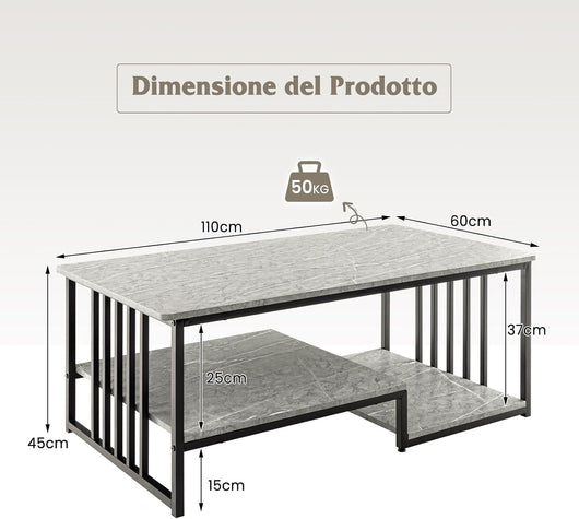 Tavolino da Salotto Effetto Marmo, Tavolino Rettangolare a 2 Piani con Mensola Aperta, Tavolino Lungo e Moderno con Struttura in Metallo per Casa e Ufficio, Grigio