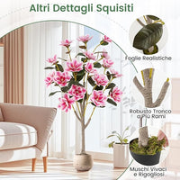 Albero di Magnolia Artificiale 130 cm, Pianta Finta con Foglie in PEVA, Tronchi Multi-ramo, Muschio Realistico, Pianta Finta in Vaso da Interno per Ristorante, Salotto e Ufficio