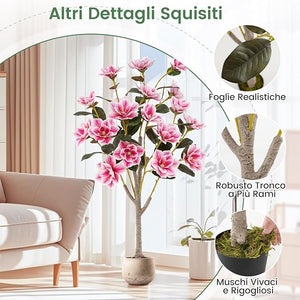 Albero di Magnolia Artificiale 130 cm, Pianta Finta con Foglie in PEVA, Tronchi Multi-ramo, Muschio Realistico, Pianta Finta in Vaso da Interno per Ristorante, Salotto e Ufficio