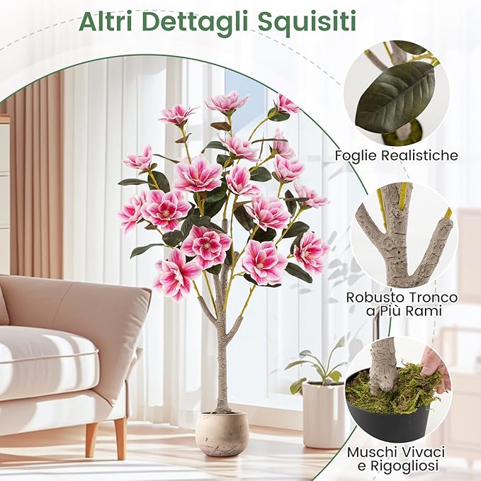 Albero di Magnolia Artificiale 130 cm, Pianta Finta con Foglie in PEVA, Tronchi Multi-ramo, Muschio Realistico, Pianta Finta in Vaso da Interno per Ristorante, Salotto e Ufficio