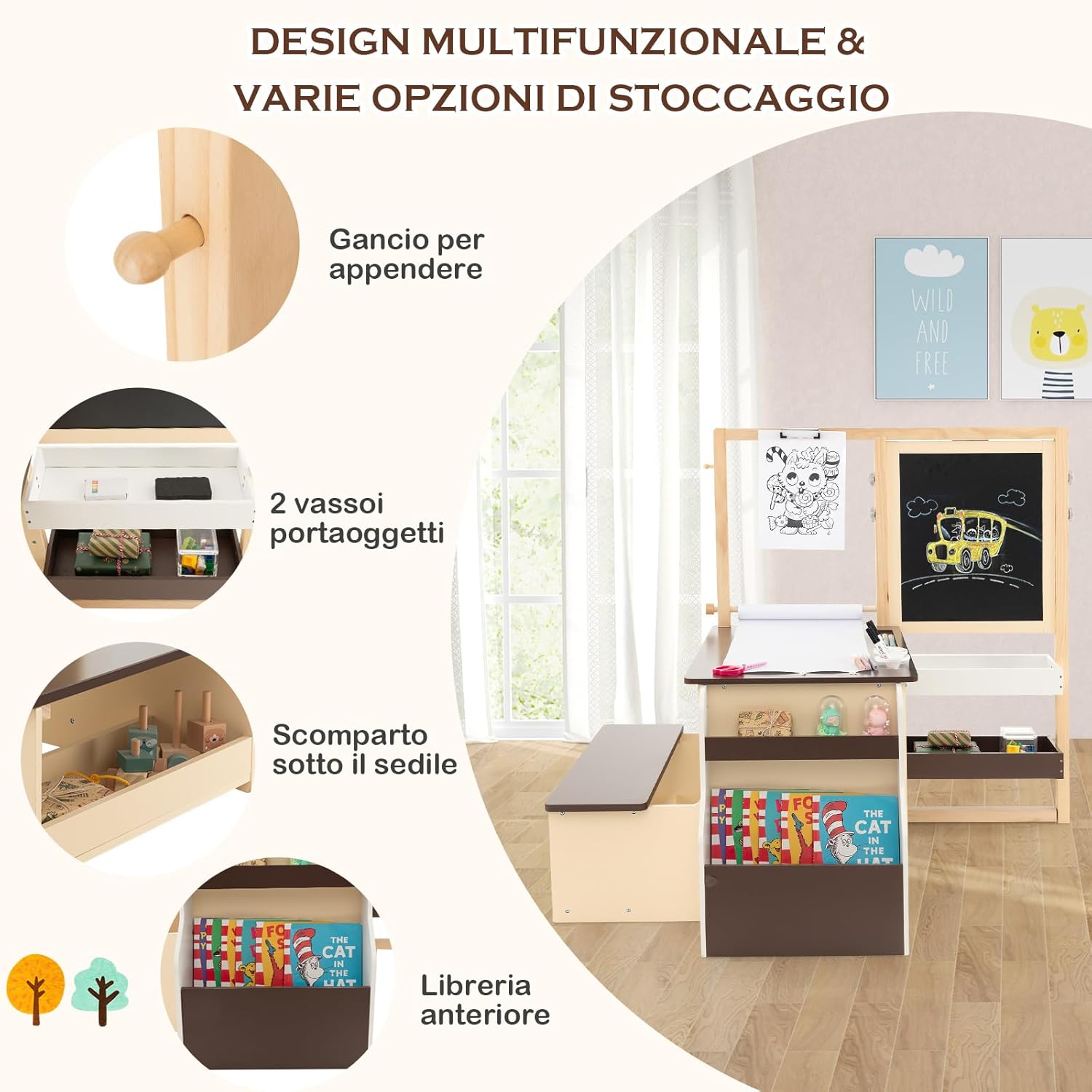 Set 3 in 1 Tavolo e Sedie per Bambini 3+ Anni, Tavolo in Legno Sicuro con Lavagna Cancellabile, Magnetica, Cavalletto Regolabile, Libreria e Accessori Artistici, per Disegno (Caffè)