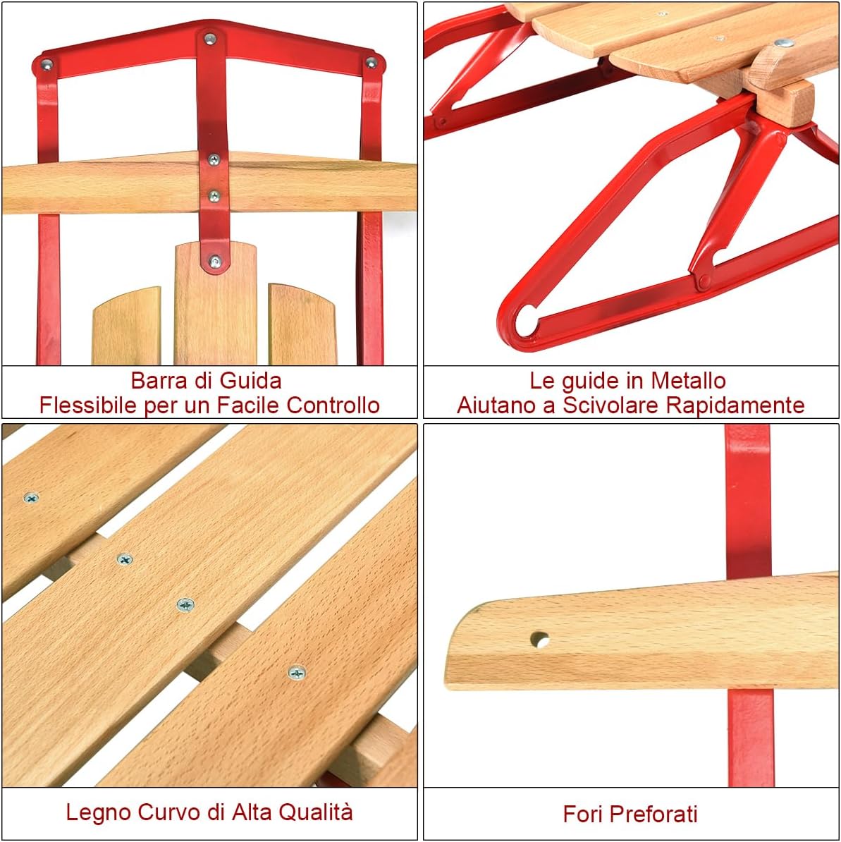Slitte da Neve, Slitte in Metallo con Pattini, Slitte con Maniglie per Bambini e Adulti, 137 x 58 x 16 cm