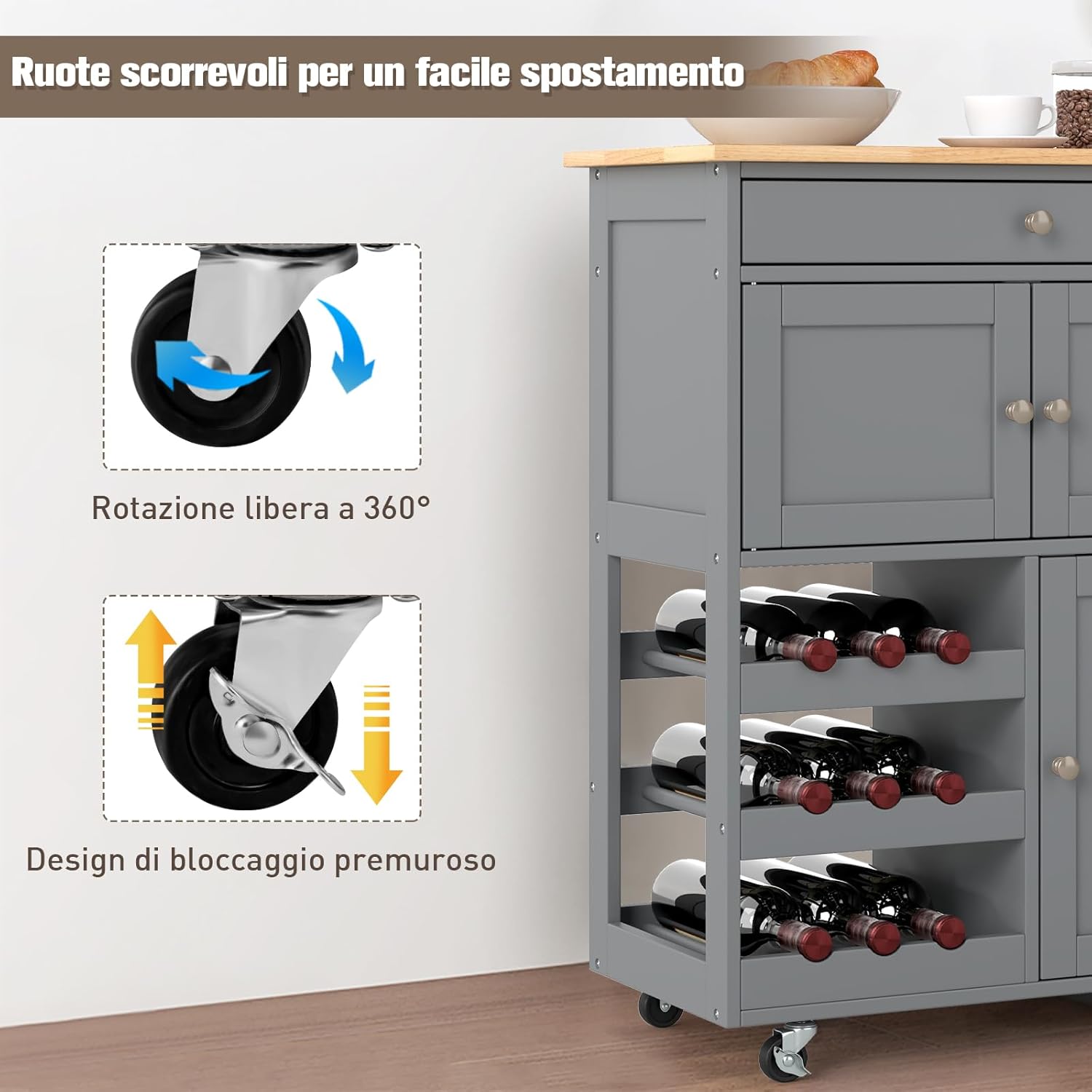 Carrello da Cucina, con Portabottiglie Tre Ante e Ruote, Credenza Cucina in Legno di Pino e MDF, Ideale per Soggiorno e Cucina, 67 x 37 x 86 cm（Grigio）