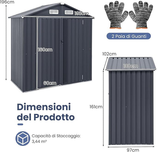 Capanno da Giardino 193 x 108 cm, in Metallo Zincato con 4 Prese d'Aria e Porte Bloccabili, Impermeabile e Resistente al Vento, Casetta da Esterno Porta Utensili per Cortile e Fattoria