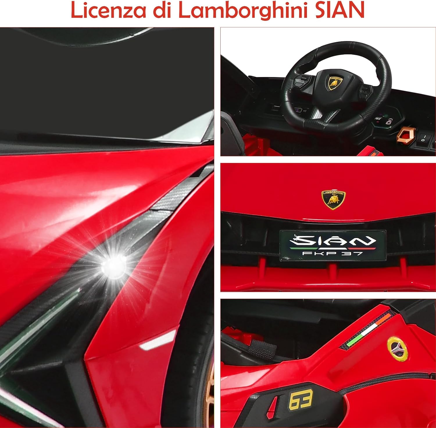 Macchina Elettrica Lamborghini per Bambini da 12V, Veicolo Elettrico con Luci LED MP3 Telecomando, Fino a 5km/h, +3 Anni (Rosso)