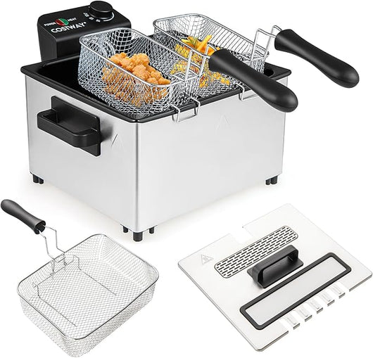 2000W Friggitrice Elettrica in Acciaio Inox 5L, Friggitrice Olio con 3 Cestelli, Temperatura Regolabile Fino a 190 °C e Coperchio Visibile