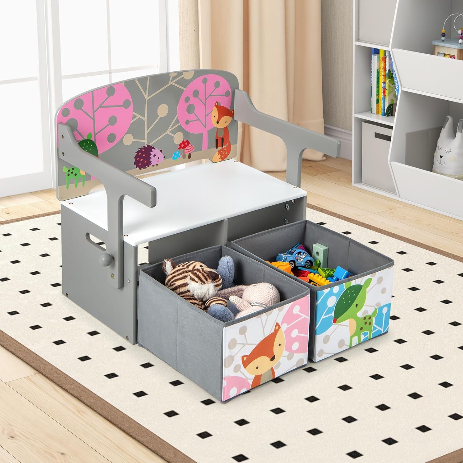 Cassapanca Contenitore 3 in 1 per Bambini Trasformabile in Legno con 2 Cassetti in Tessuto, Tavolo bambini con Sedie Multifunzione, Scatola dei Giocattoli per 3-7 Anni (Grigio)