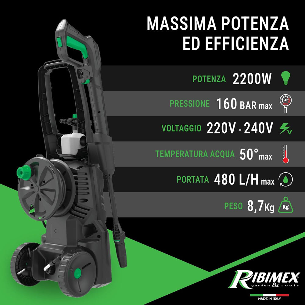 IDROPULITRICE RX4 2200W 160bar PORTATA MAX 480 Lt/h CON ACCESSORI RIBIMEX