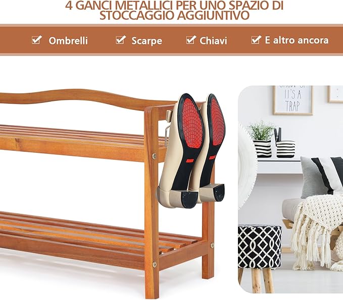 Scarpiera a 2 Livelli, Scaffale per Scarpe in Legno di Acacia Solido con Ganci Laterali in Metallo, Contiene 12 Paia, Capacità di Ogni Ripiano 20 kg, 74 x 26 x 42 cm (2 Livelli)