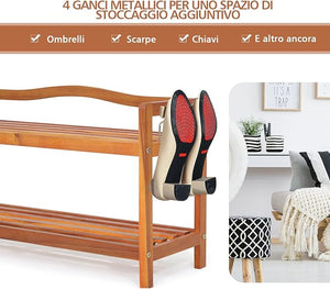 Scarpiera a 2 Livelli, Scaffale per Scarpe in Legno di Acacia Solido con Ganci Laterali in Metallo, Contiene 12 Paia, Capacità di Ogni Ripiano 20 kg, 74 x 26 x 42 cm (2 Livelli)