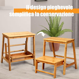 Sgabello Scala in Bambù Sedia Scaletta, Richiudibile Salvaspazio, Portata 100 kg, 45 x 51 x 48 cm (Naturale)
