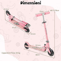 Monopattino per Bambini Pieghevole e Portatile, Monopattino a 2 Ruote con Manubrio Regolabile, Ruote Luminose a LED, Freno Posteriore e Tracolla, Ideale per Bambini e Bambine 3+