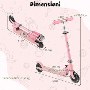 Monopattino per Bambini Pieghevole e Portatile, Monopattino a 2 Ruote con Manubrio Regolabile, Ruote Luminose a LED, Freno Posteriore e Tracolla, Ideale per Bambini e Bambine 3+