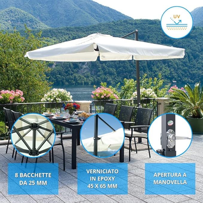Ombrellone quadrato 3x3 mt da giardino con palo laterale e telo ecrù, apertura a manovella Tomaino 5011